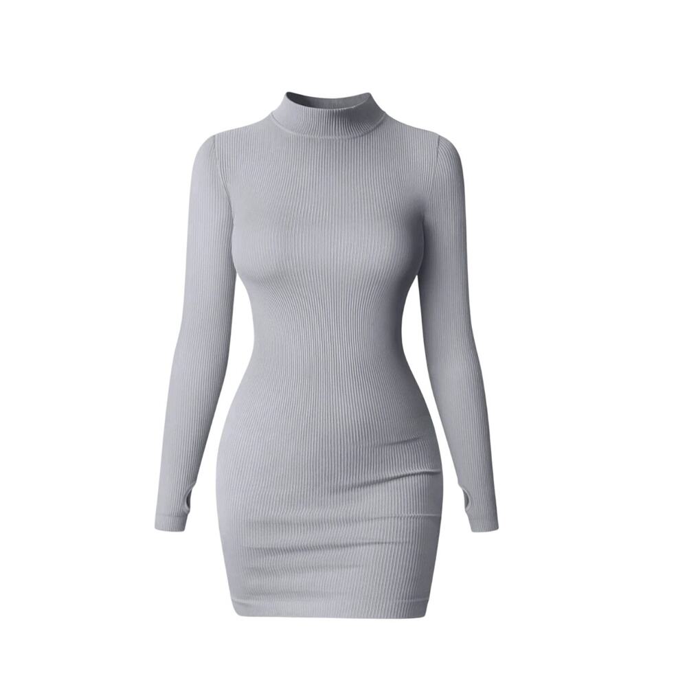 OQQ Ribbed Mock Neck Long Sleeve Tummy Control Mini Dress Small